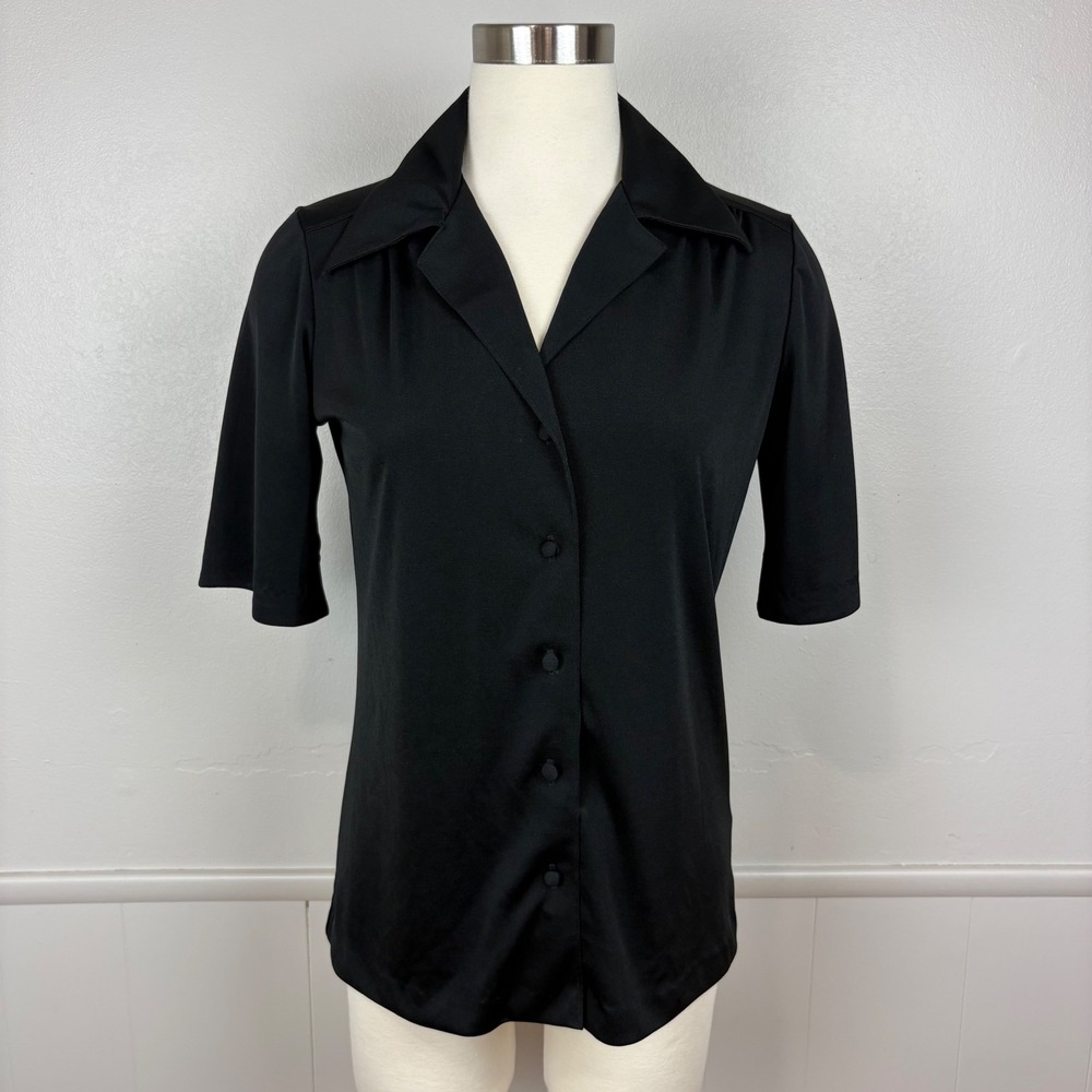 Lady Manhattan Vtg Black Blouse 70s Qiana Fabric Sz M Button Front‎ Short Sleeve